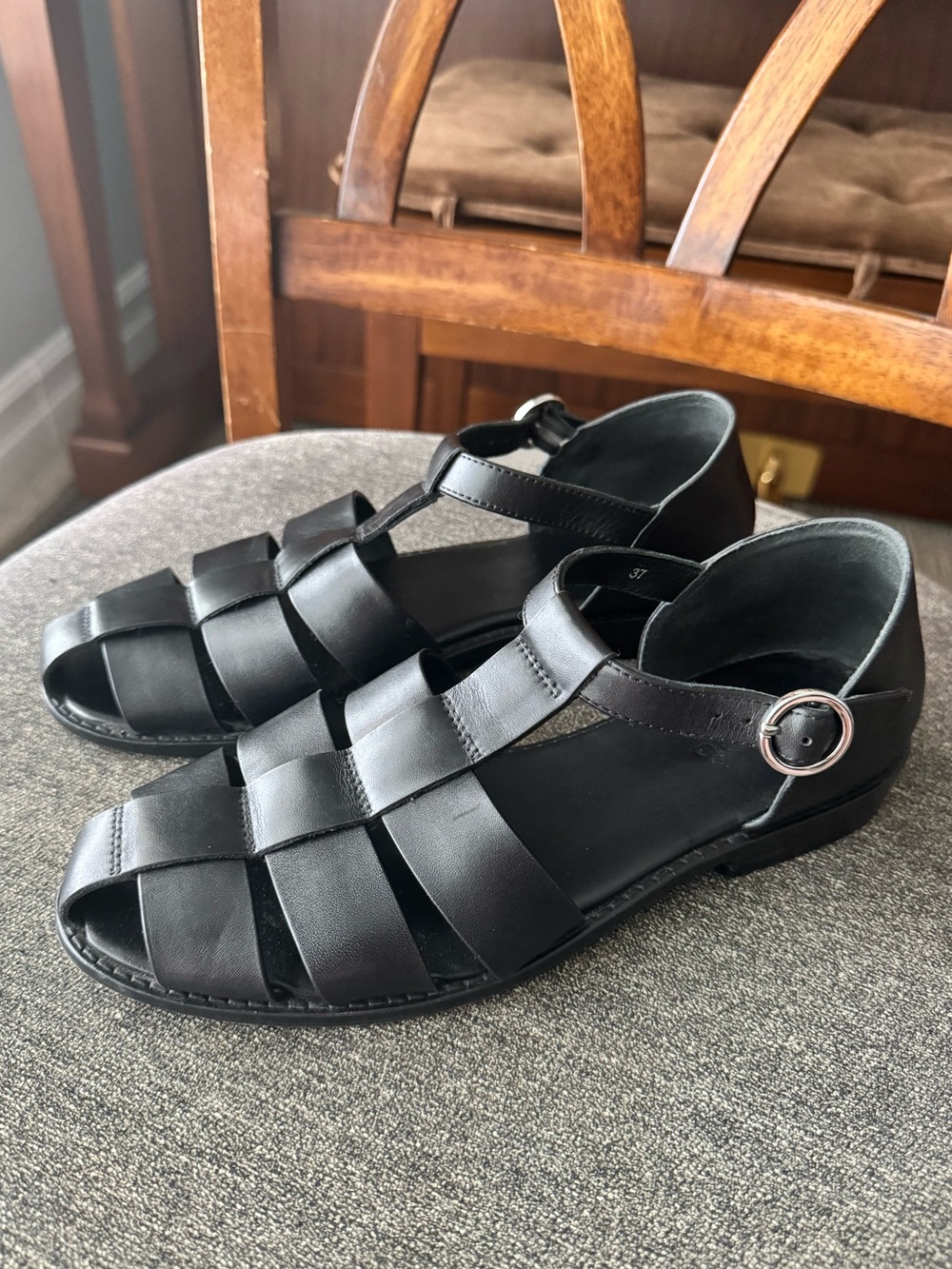 Anthropologie Pilcro Maris Fisherman Sandals 37 Black Leather Classic Cage Flats - Picture 11 of 15